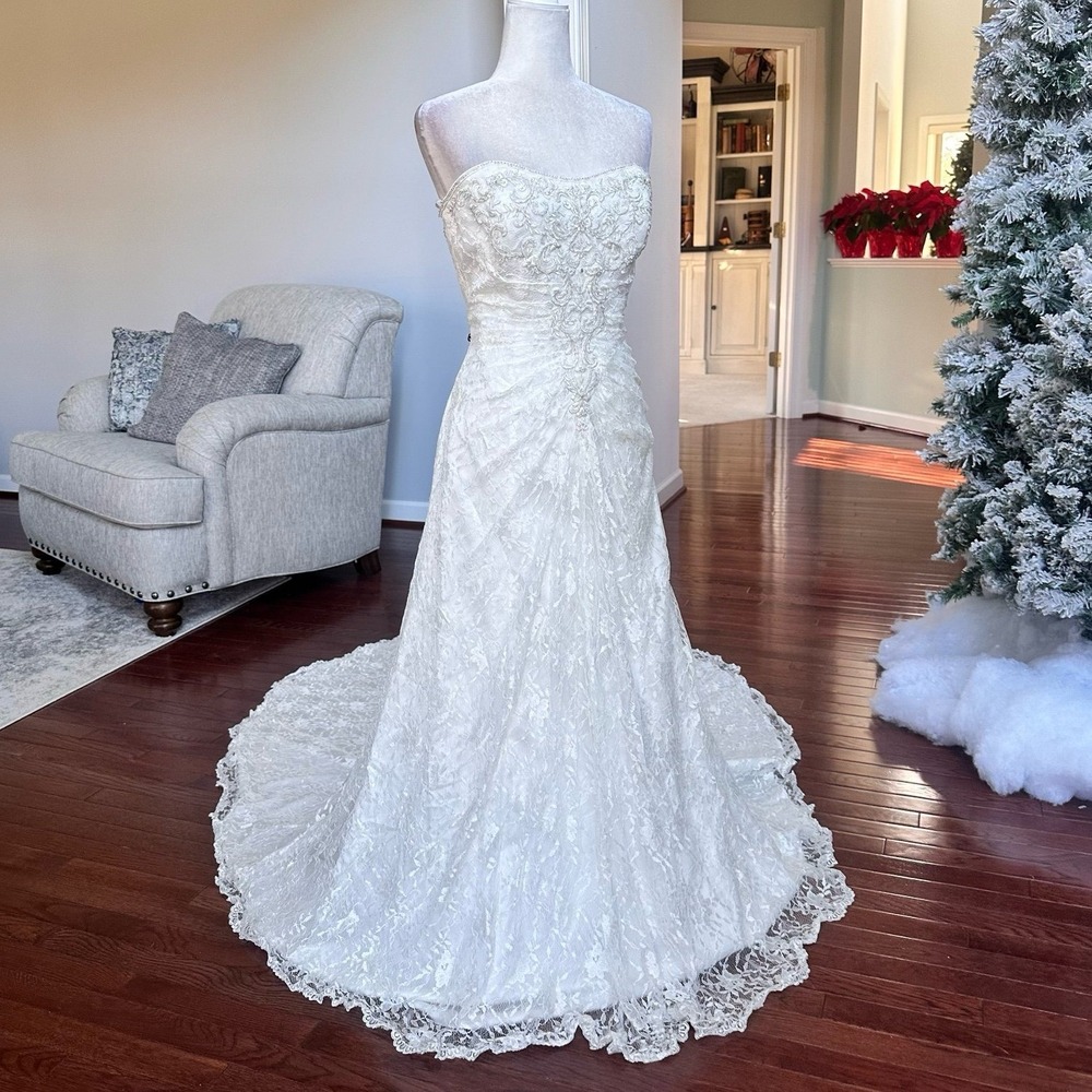 David's Bridal Strapless Embellished Ruched Lace Elegant Wedding Dress Size 14